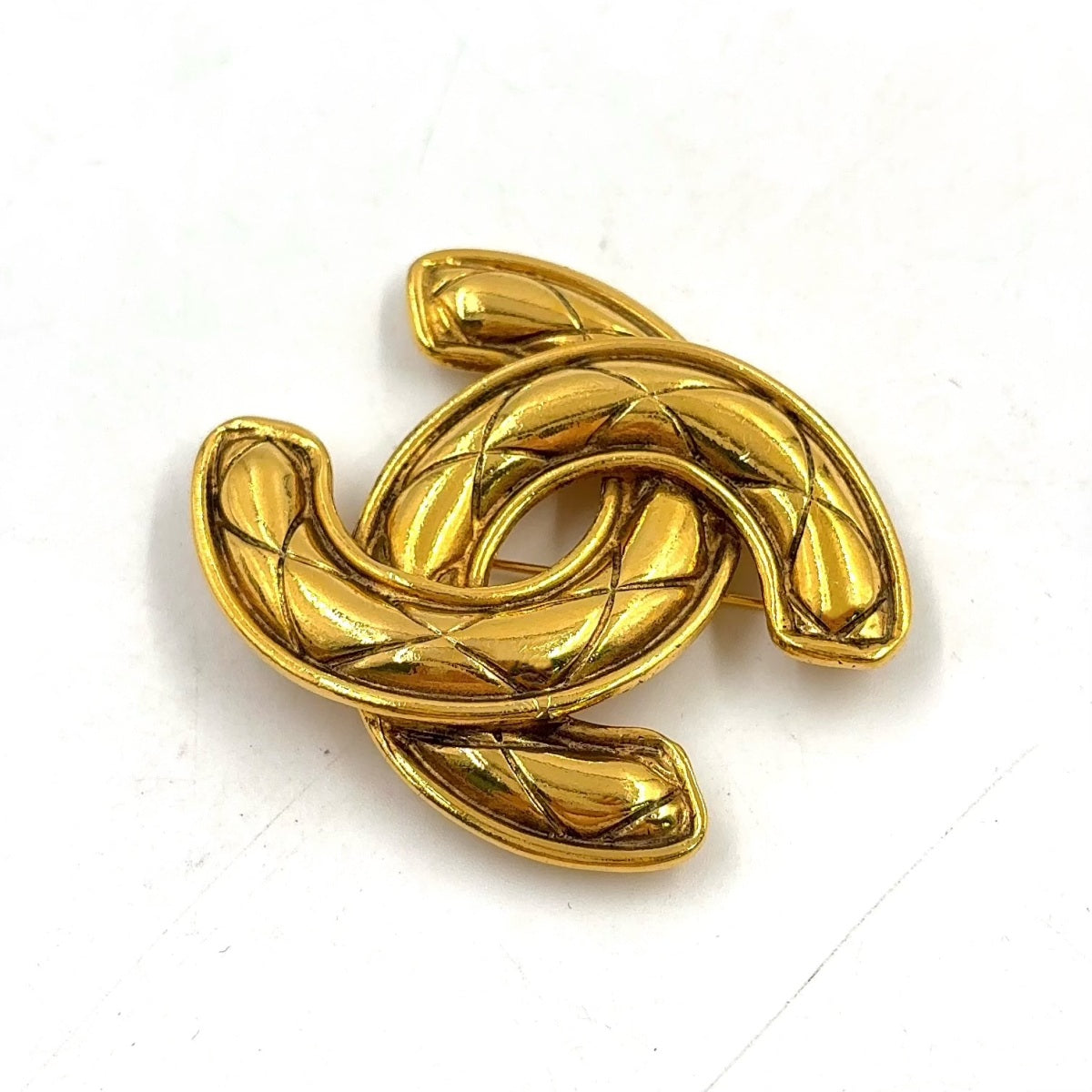 Chanel Vintage 1990s Gold Quilted CC Brooch